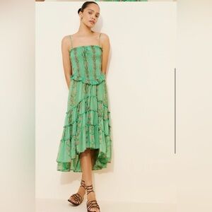 Free People Alejandra Smocked Tiered Ruffles Printed Midi Dress Size Medium